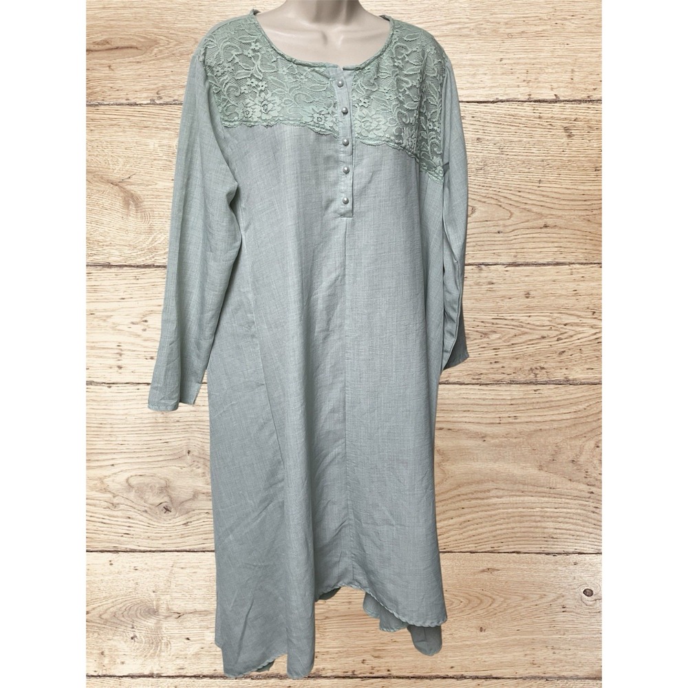 Zanzea Caftan Green Cotton Lagenlook Boxy Relaxed‎ Boho Hippie Peasant Dress Art
